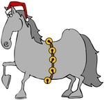 Clipart Illustration of a Handsome Gray Horse Decked Out In A Red Santa Hat And Golden Jingle Bells On Christmas